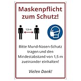 Hinweis-Schild 300x200 mm - Maskenpflicht und Mindestabstand zum Schutz, aus...