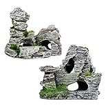 2pcs Aquarium Rock Cave Dekoration mit Grün Gras für Fische Garnelen...