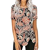 NHNKB Damen Sommer Tops Kurzarm Lässig Kordelzug Rundhalsausschnitt Print Button Side...