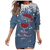 Weihnachtskleid Damen Merry Christmas Rentier-Motiv Strickkleid Rundhals Langarm...