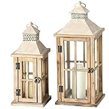 2er Set Innen Außen Laternen Balkon Windlichter Holz Hellbraun Shabby Chic Glas...