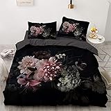 Luowei Bettwäsche Blumen 135x200cm Schwarz Vintage Floral Blüten Bettbezug Set Weiche...