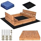 SPRINGOS Holz-Sandkasten mit Sitzbänken 120 x 120 cm Extra Vlies für...