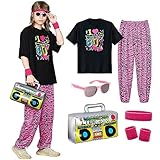 Partymall 80er Jahre Kostüm Outfit, T-Shirt, weite Hose, Brillen, Sportarmbänder und...