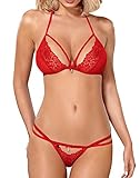 Obsessive. Damen Dessous Dessous Set String und Neckholder BH tiefer Ausschnitt rot aus...