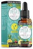 Omega-3 Algenöl PLUS - 40% DHA und 20% EPA mit Vitamin D3 + K2 + E - Himbeer,...