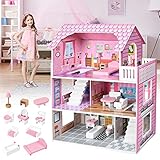 LARS360 Rosa Puppenhaus Holz Große Puppenvilla Mädchen Spielset mit Möbeln...