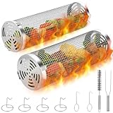 Rollender Grillkorb, Banaone 2 PCS Edelstahl Große Runde Grillkörbe mit Halterung,...