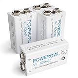 POWEROWL 9v Akku,9v Blockbatterie Akku 600mAh Lithium Ionen Wiederaufladbar Batterien...