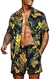 COOFANDY Herren Hawaiihemd Kurzarm Aloha Print Casual Strandhemden,Schwarz,L