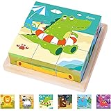 Japace Würfelpuzzle, 3D Bildwürfel Puzzle Spiele 6 in 1 Tier-Motive Holzpuzzle...