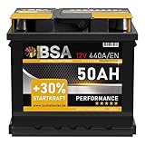 BSA Autobatterie 12V 50AH 440A/EN Starterbatterie Batterie ersetzt 44Ah 45Ah...