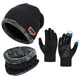 OOPOR Kinder Wintermütze Schal Touchscreen Handschuhe Set - Beanie Strickmütze...