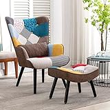 Relaxsessel mit Hocker Patchwork Sessel Ohrensessel Holz Sessel Wohnzimmer, moderner...