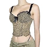 RUDFUZ Damen-Tops, Vintage, Leopardenmuster, Schleife, Spitze, Patchwork, sexy bauchfrei,...