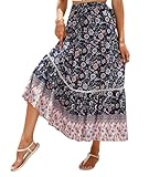 QLEVAK Sommerrock Damen Boho Rock Midi-Länge Elastische Taille Midirock Elegant Rock Hohe...