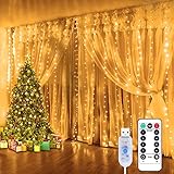 Lichtervorhang Innen - 3x3m 300 LEDs Lichtervorhang 8 Modi mit Fernbedienung Timer, USB...