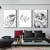 Trayosin 3-teiliges Premium Poster Set Aesthetic Blume Schwarz Weiß Feder...