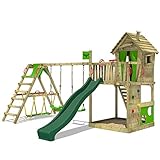 FATMOOSE Spielturm Klettergerüst HappyHome Hot mit SurfSwing, Schaukel & grüner Rutsche,...