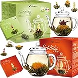 Creano 2x Teeblumen Geschenkset - Erblühtee mit 2x 500ml Glaskanne & 6x grüner Tee & 6x...