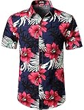 JOGAL Herren Casual Floral Blumenmuster Kurzarm Hawaiihemd Large Navy