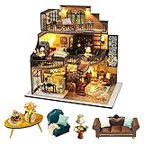 CUTEBEE Puppenhaus Miniatur mit Möbeln, Idee DIY hölzernes Puppenhaus-Kit mit LED-Licht,...