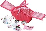 small foot Picknickkorb 'Bunte Blumen' aus Rattan in Pink, mit Blechgeschirr in...