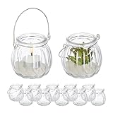 Relaxdays Windlicht Glas, 12er Set, Teelichthalter mit silbernem Henkel, HxD:...