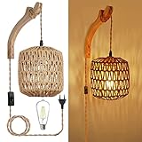 Wandleuchte Holz Innen, Vintage Wandlampe Mit geflochtenem Rattan-Lampenschirm,...