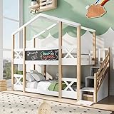 HESHU Hausbett Kinderbett mit Ecktreppe und Fallschutz, Etagenbett mit Treppe 2...