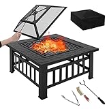 WOLTU Feuerschale mit Funkenschutz und Grillrost 81x81x45 cm Feuerstelle...