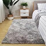 Hochflor Teppich 80x160 Grau Weiß Modern Flauschig Weich Teppich Wohnzimmer...