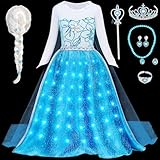 LED Leuchtend Elsa Kostüm Mädchen Eiskönigin Prinzessin Kleid mit Elsa Perücke...