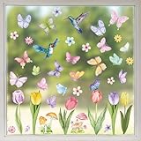 8 Blatt Fensterbilder Doppelseitig Blumen Schmetterling Fensterdeko...