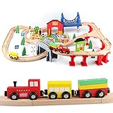 Jacootoys 80 Teile Holzeisenbahn Set Eisenbahn aus Holz Zug Spielzeug...