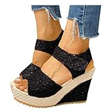 Pdakieyxnd Sandalen Damen mit Fischmaul Keilabsatz Hausschuhe Sandaletten Peep Toe...