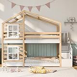 Kehun Etagenbett Kinderbett 90 x 200, Hausbett für 2 Kinder, Hochbett mit Holz...