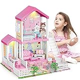 deAO Puppenhaus mit Puppe, 3 Zimmer Puppenvilla Dollhouse mit Licht Spielmatte Möbeln und...