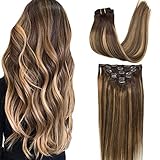 GOO GOO Clip in Extensions Echthaar, 50cm 120g 7 Stück BalayageSchokolade Braun Mxied...