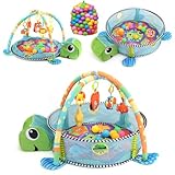 Dhouse 3 in 1 Schildkröte Spieldecke Baby Spielmatte mit Spielbögen Bälle Bällebad...