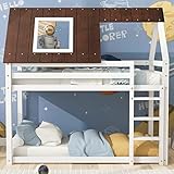 Hausbett Etagenbett mit Treppe für 2 Kinder - Vielseitiges Kiefernrahmen, Kinderbett...