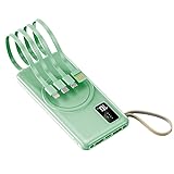 Grüner externer Akku, Powerbank mit 4 eingebauten Kabeln (USB, Micro-USB, Typ C,...