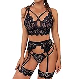 Satohom Damen Sexy Dessous Set 3-Teil BH + String Tanga mit Strumpfgürtel...