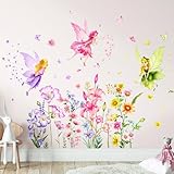 Tanlaby Blume Fee Wandsticker Blumen Schmetterling Elfen Wandtattoo Buntes Pflanze Blume...