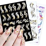 8 Blatt Nagelsticker Selbstklebend Gold Folie Schwarz Linie Blätter French Spitze...