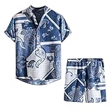 Herren 2 Stück Urlaub Outfits Mode Hawaii Set Ethnischer Tribal Totem Druck Leinenoptik...