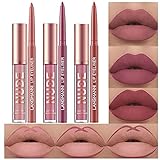 6 Stück Matt Lippenstift & Lip Liner Set, Velvety Nude Lipstick, Stay On 24 Hours...