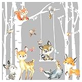 Grandora Wandtattoo Wandsticker Kinderzimmer Tiere Wald Birkenstämme...