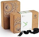 Overmont Yogablöcke Kork 2er Set Yogaklotz - Yoga Block mit Yoga Gurt - Korkblock für...