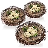 com-four® 3X Deko-Vogelnest mit Eiern, naturgetreues Nest aus Zweigen und Stroh mit...